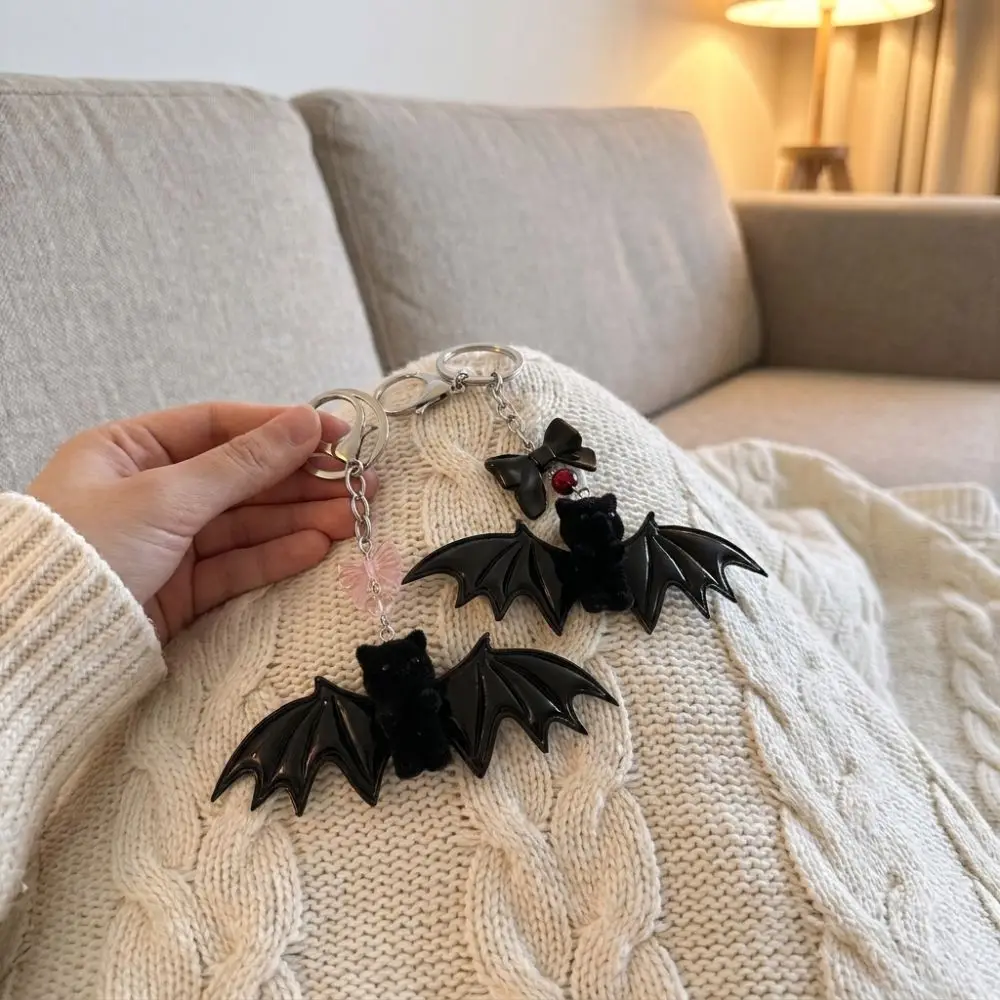 Gothic Style Bear with Wing Keychain Soft Touch Novelty Bow Bat Bear Bag Pendant Animal Dark Fluffy Black Bat Bear Ornaments