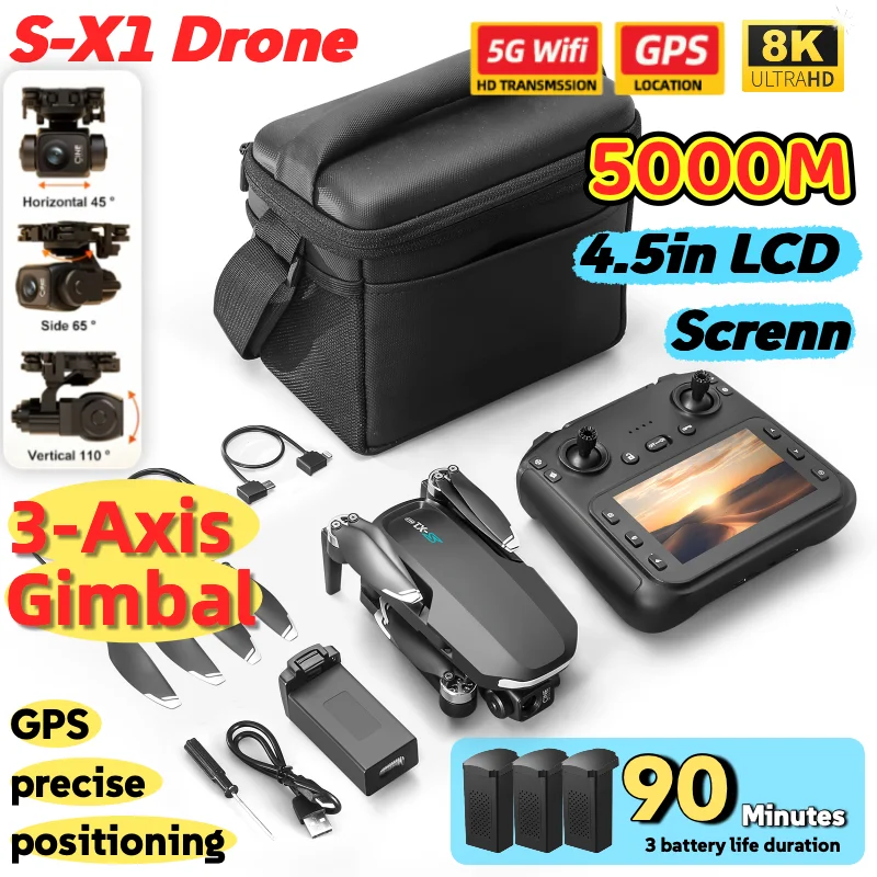 S-X1 MAX GPS Drone with 3-Axis Gimbal 8K/4K HD Camera 5000m FPV LCD Remote Screen 30min Flight Professional Foldable Quadcopter