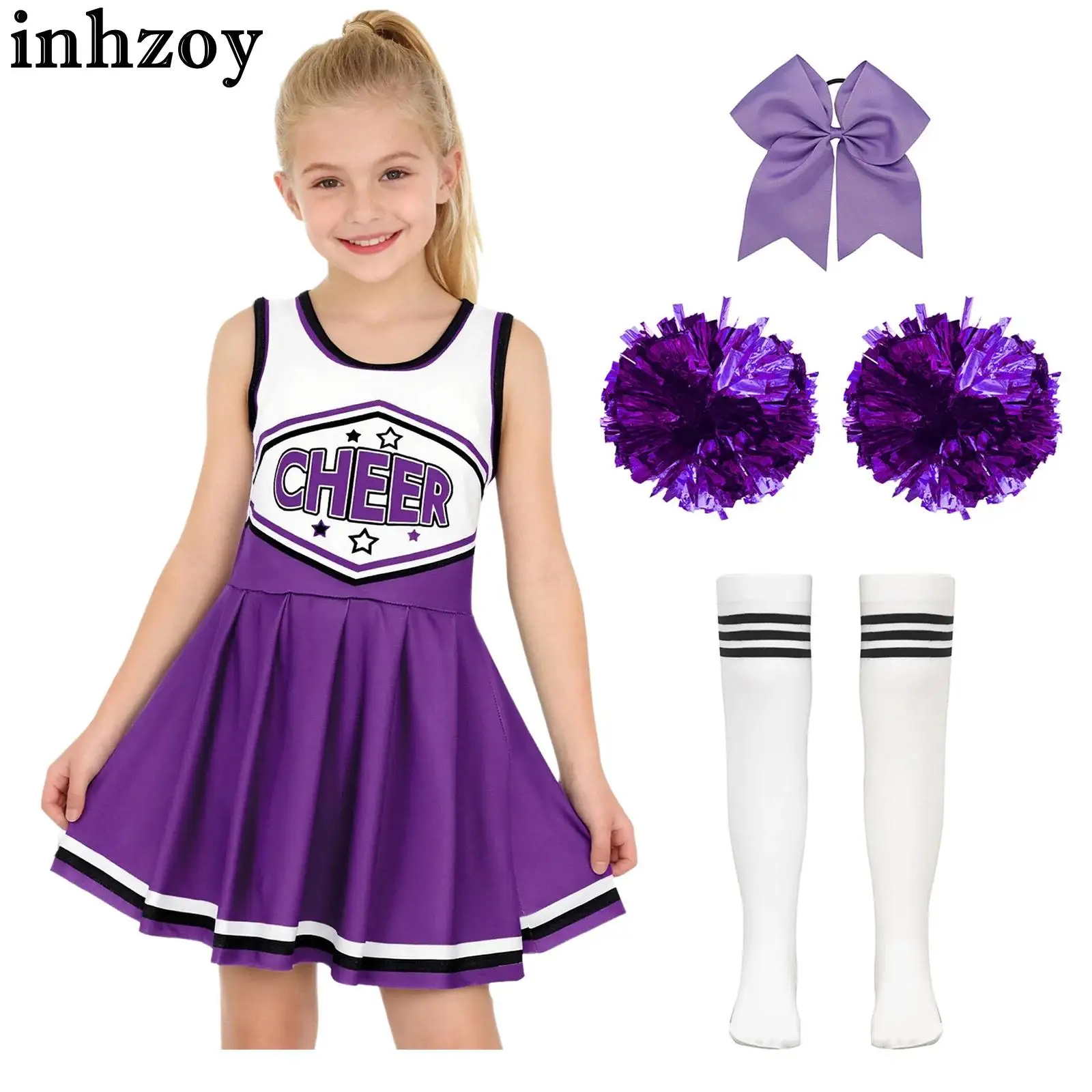 Children Girls Cheerleading Performance Costume Sleeveless Dress with Flower Balls Hair Tie Socks for Carnival Sports Meeting