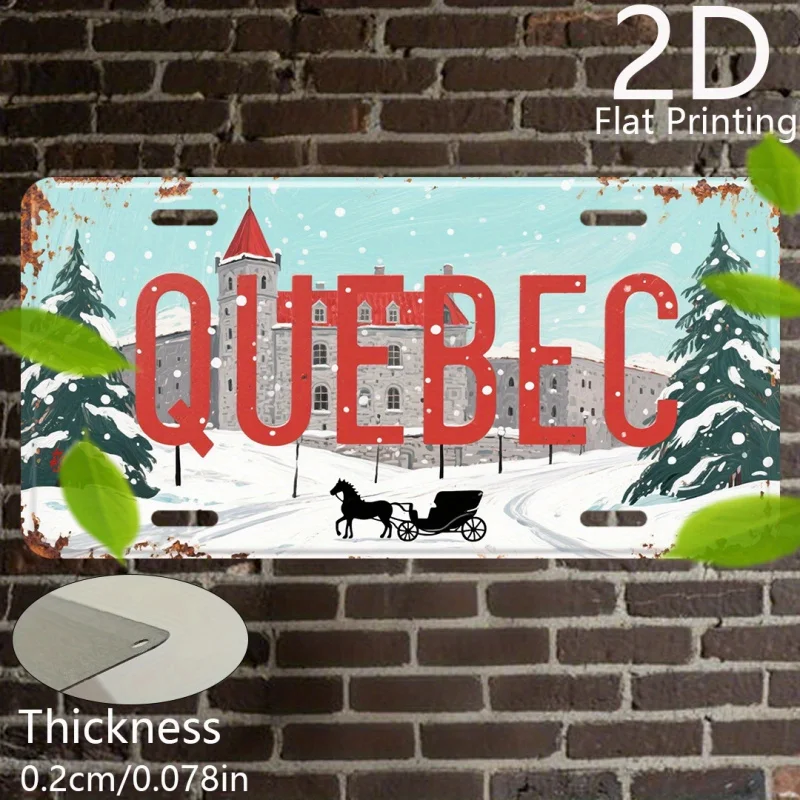 مسطح ثنائي الأبعاد، قطعة واحدة من لوحة ترخيص عتيقة بطابع كيبيك - مشهد شتوي ريترو كيبيك مع حروف كوبيك حمراء جريئة #3