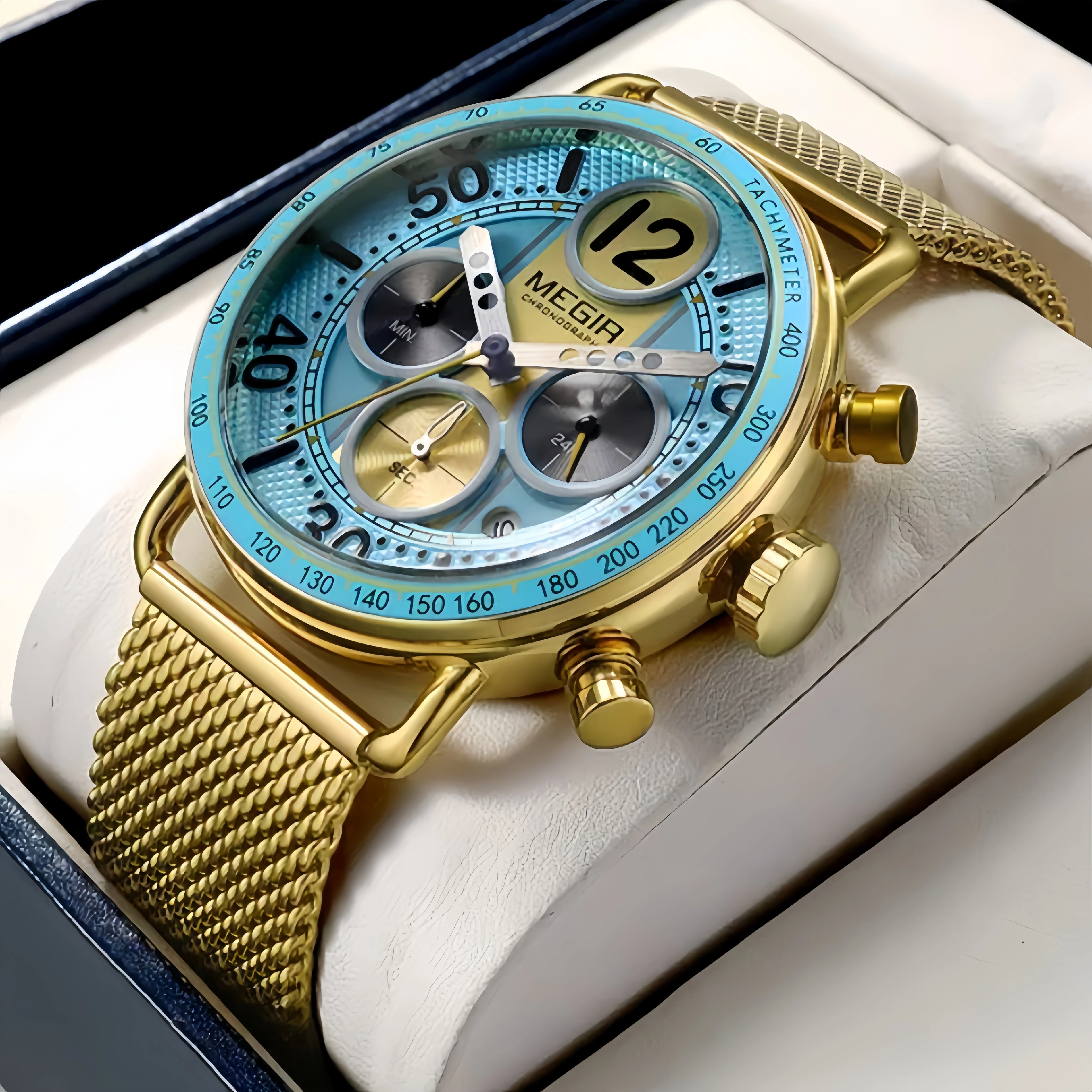 

MEGIR 2249 2026 НОВЫЕ многофункциональные кварцевые часы, золотые роскошные мужские часы, хронограф, календарь, водонепроницаемые часы для мужчин + коробка