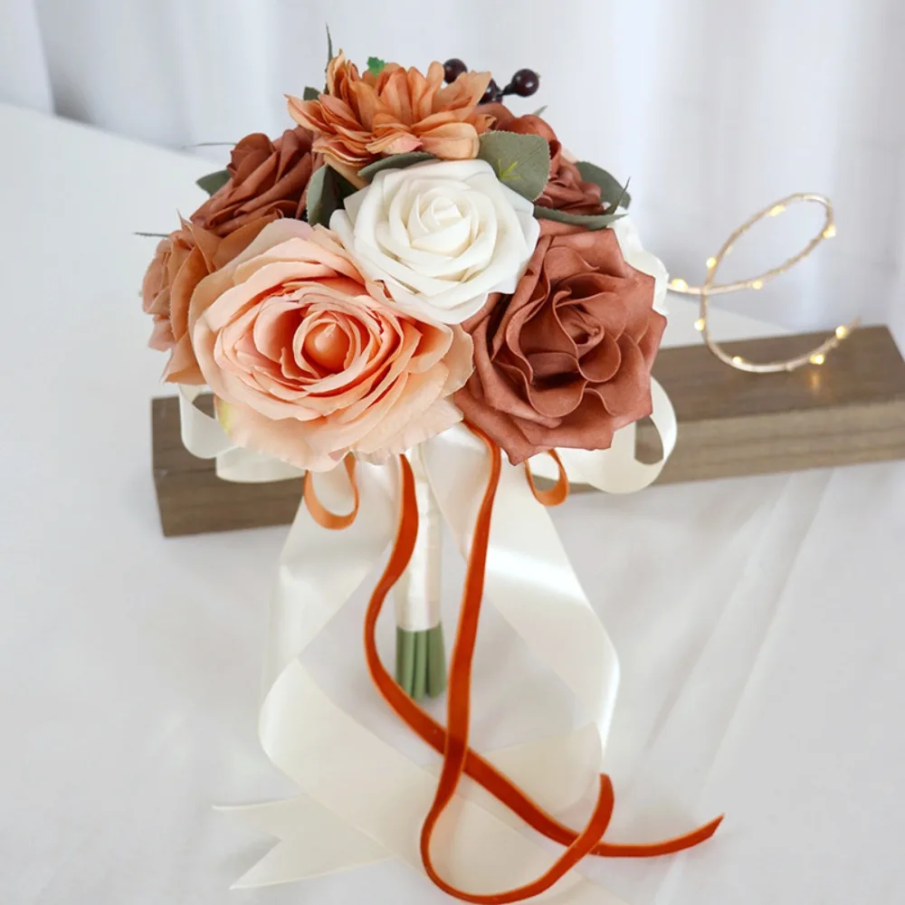 

Vintage Orange Artificial Flowers Silk Rose Flower Bouquet Bridal Handheld Wedding Party Decorations