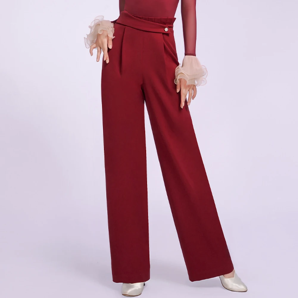 ラテンパンツ ブラック リハーサルダンスパンツ エレガント ダークブルー サンバ練習服 ダンスストレートパンツ レディース ワインレッドパンツ