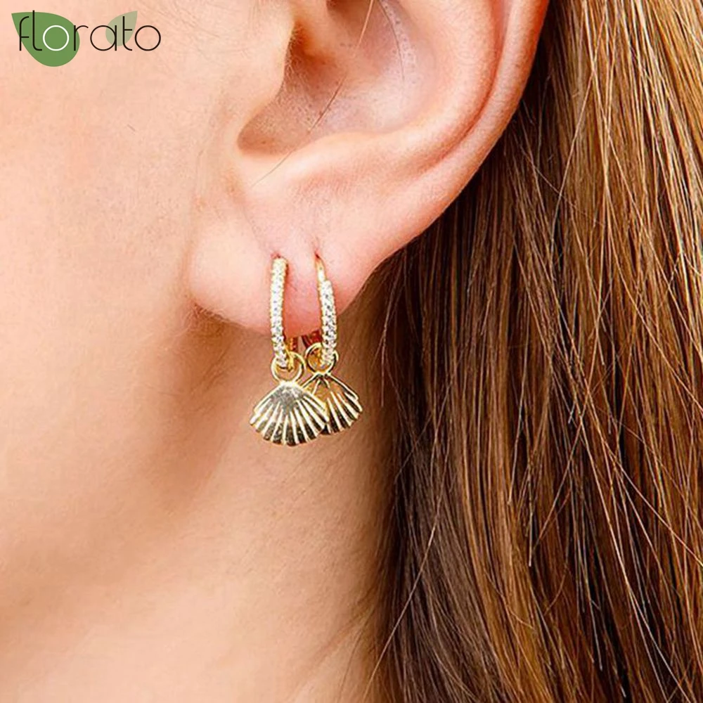 

925 Sterling Silver Needle Small Hoop Earrings for Women Retro Gold Color Shell Pendant Earrings Luxury Jewelry Aretes De Mujer