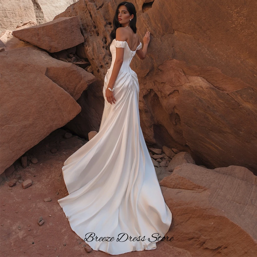 Fashion Pleats Satin Customized Vestido De Novia Graceful Mermaid Off the Shoulder Wedding Dress Dreamy Strapless Bridal Gowns