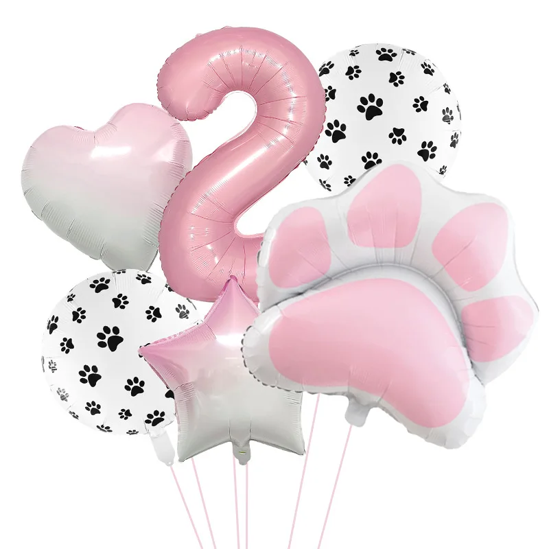 Animal Let's Party Dog Cat Paw Aluminum Balloon Pink Number Birthday Party Decor Balloon Family Party Decoration
