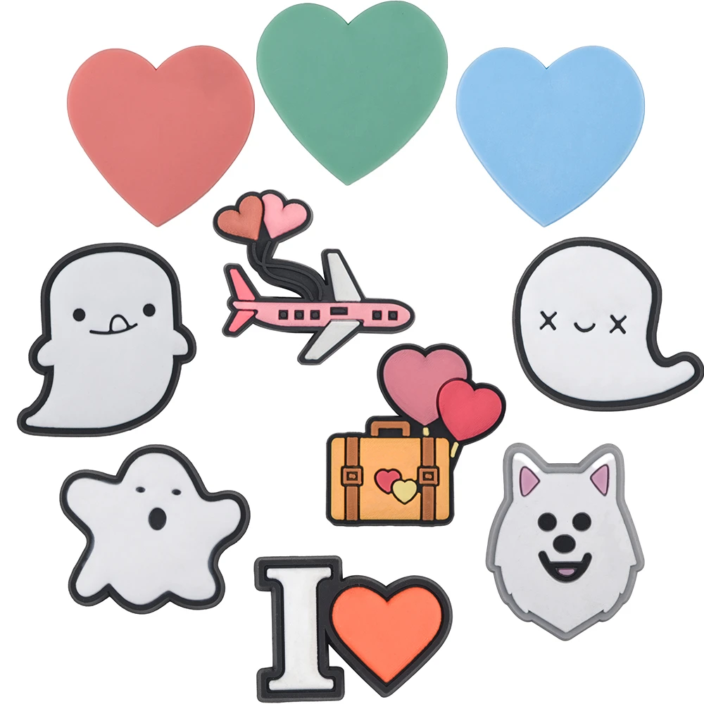 Lovely Colorful Heart Shoe Charms Pink Plane Cute White Ghost Shoe Decoration Cartoon Dog Clog Charms Valentine's Day Gifts