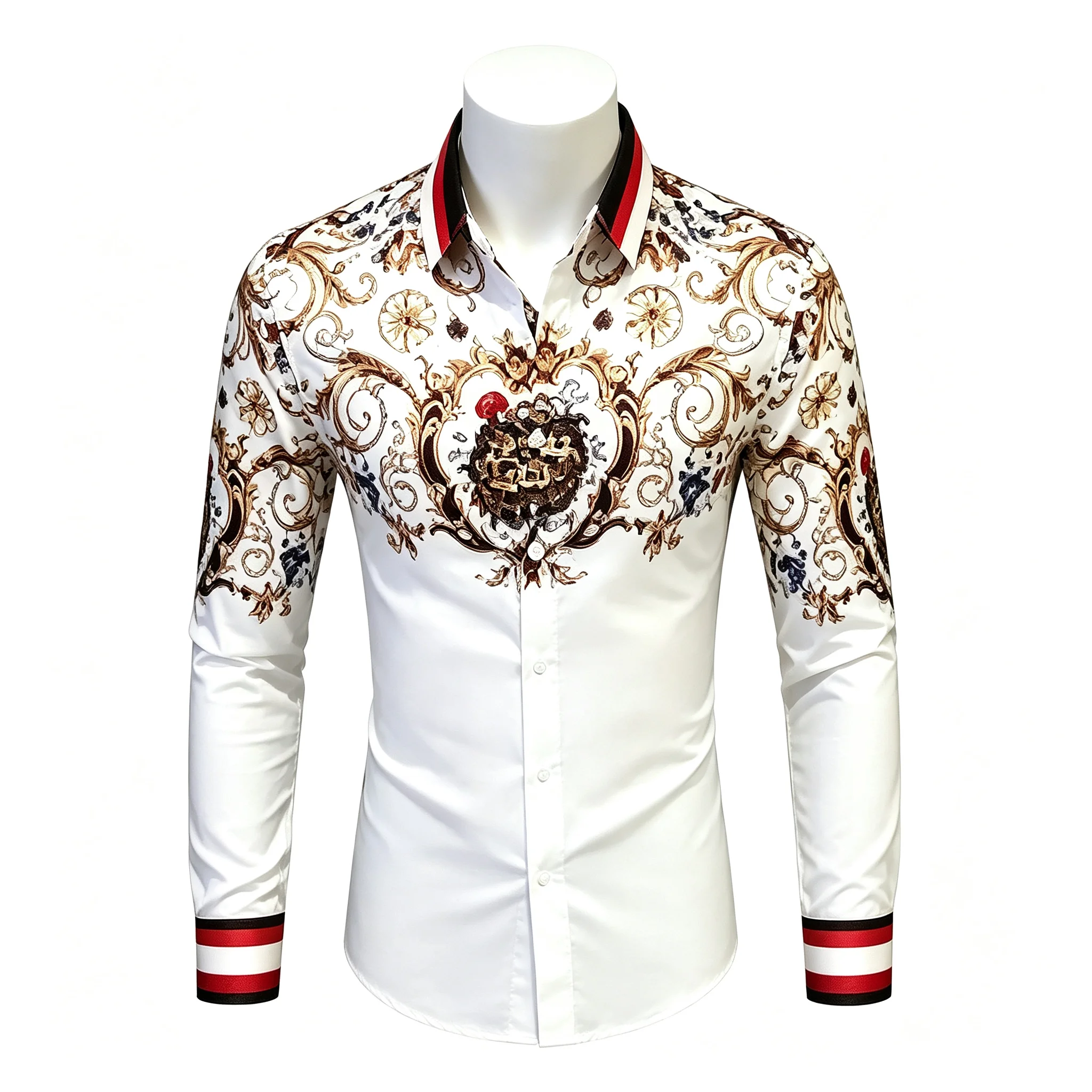 Men Formal Party Wear Shirt - Men's White Gold Vintage Baroque Floral