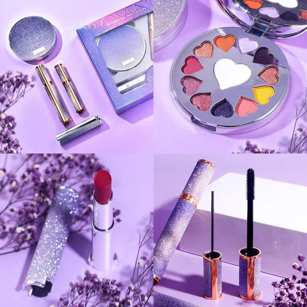 Set per il trucco Scatola Rossetto Tavolozza di ombretti a 12 colori Mascara arricciante naturale Set da 4 pezzi Confezione regalo Cosmetici di bellezza