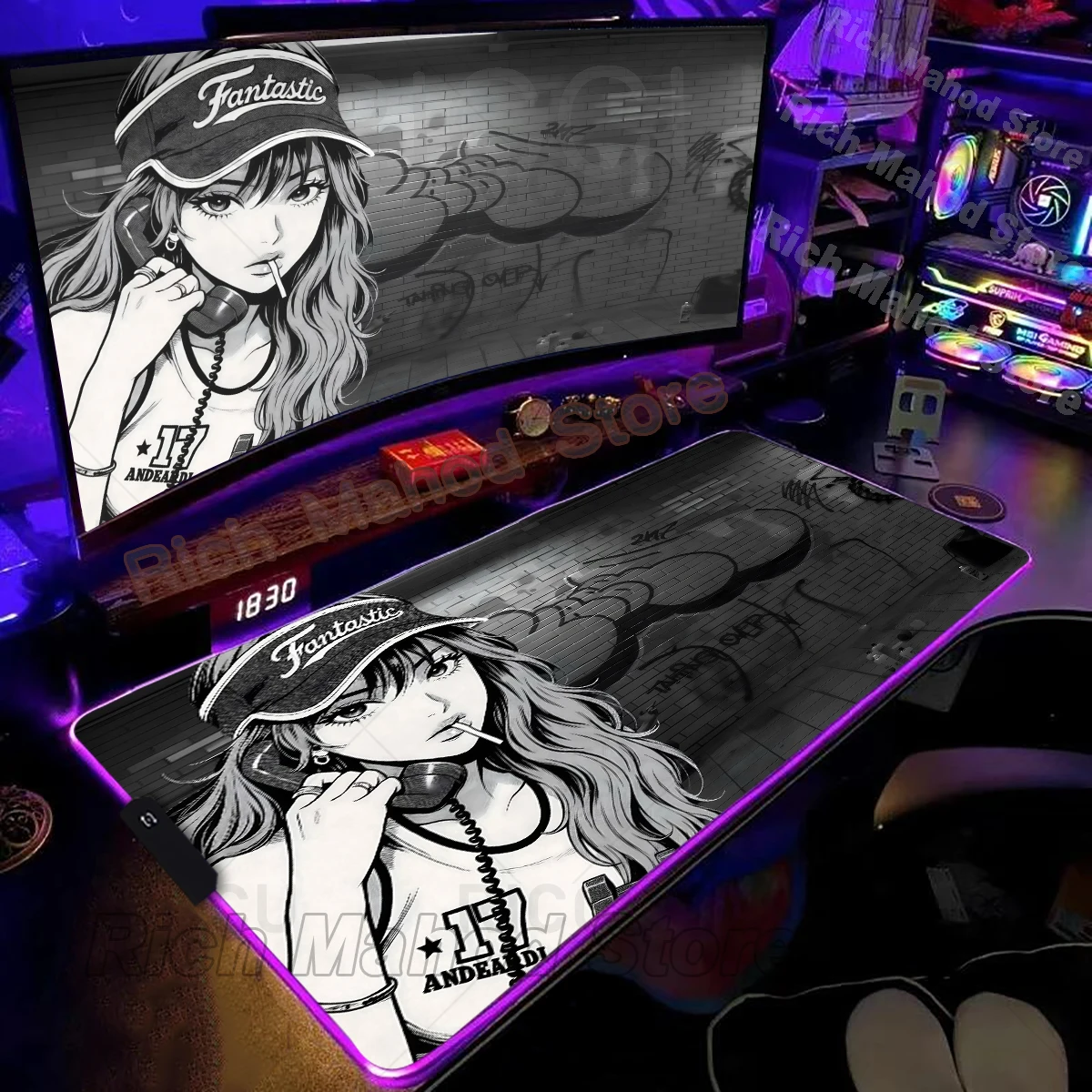 RGB Gaming Mouse Pad Black White Anime Girl Mousepad Desk Decort Mat Gamer Large LED Light XXL E-Sports Pads PC Accessories Rug