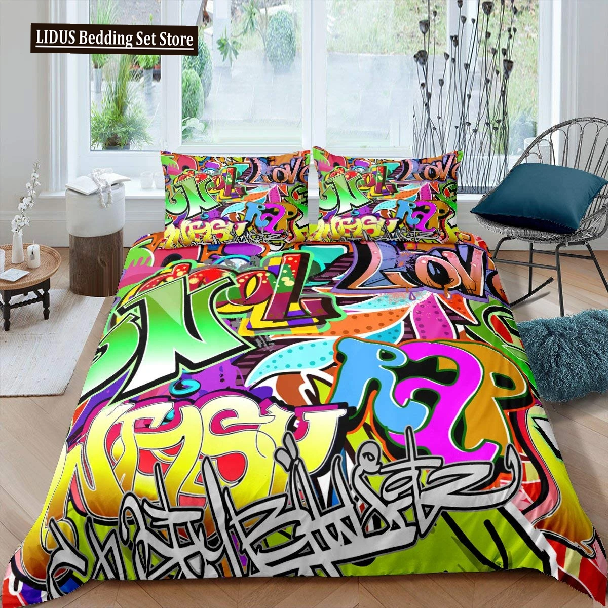 Hippie Graffiti Duvet Cover Hip Hop For Kids Teens Adults Wall Urban Street Art Theme Polyester Quilt Cover Bedroom Decorations
