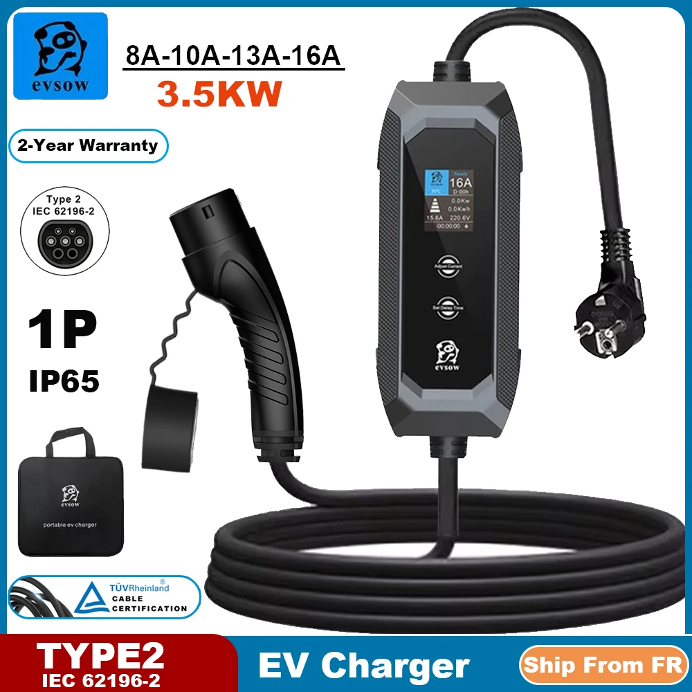 evsow Portable EV Charger Type2 3.5KW 16A 1P Electric Car Charger  Current Adjustable&Setting Time For IEC 6219-2 Electric Car