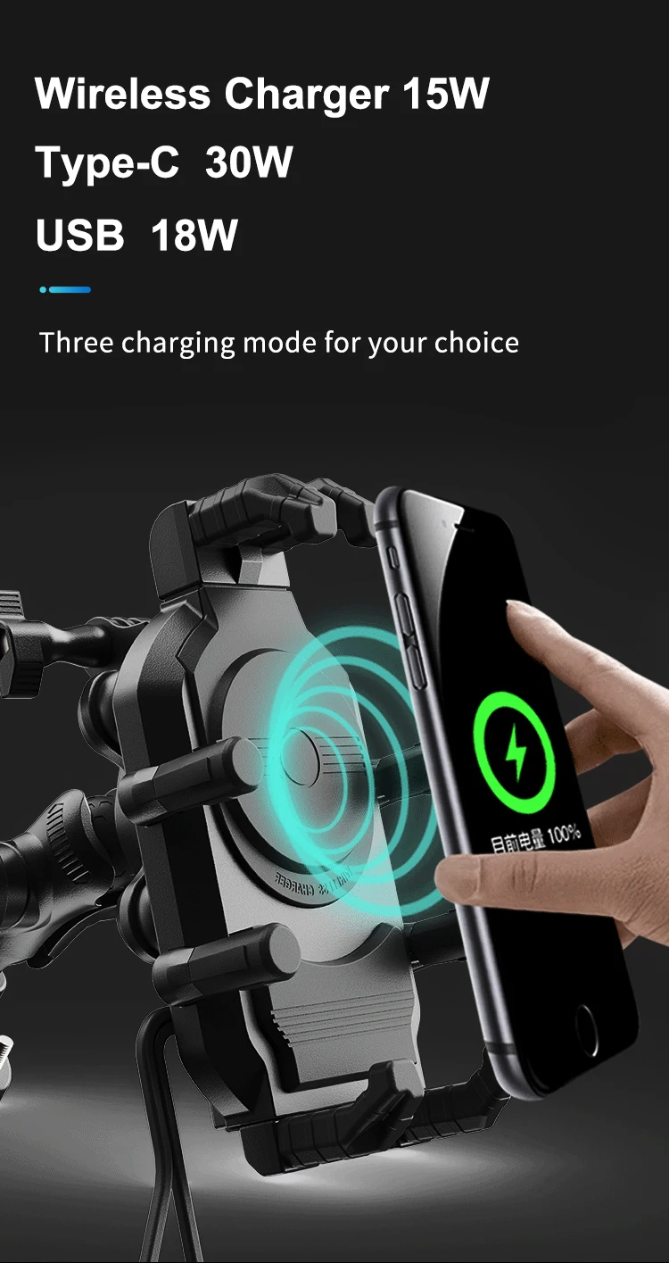 Stoßfester Motorrad-Telefonhalter, 15 W kabelloses Ladegerät und 18 W USB 30 W Typ C, schnelles Aufladen, Motorrad-Fahrrad-Roller-Ständer – Detail 3