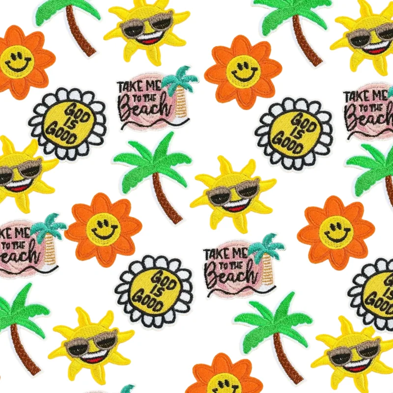 

Summer Wind Cartoon Coconut Tree Sun Letter Embroidery Cloth Sticker Denim Clothing Accessories Adhesive Hole Wholesale