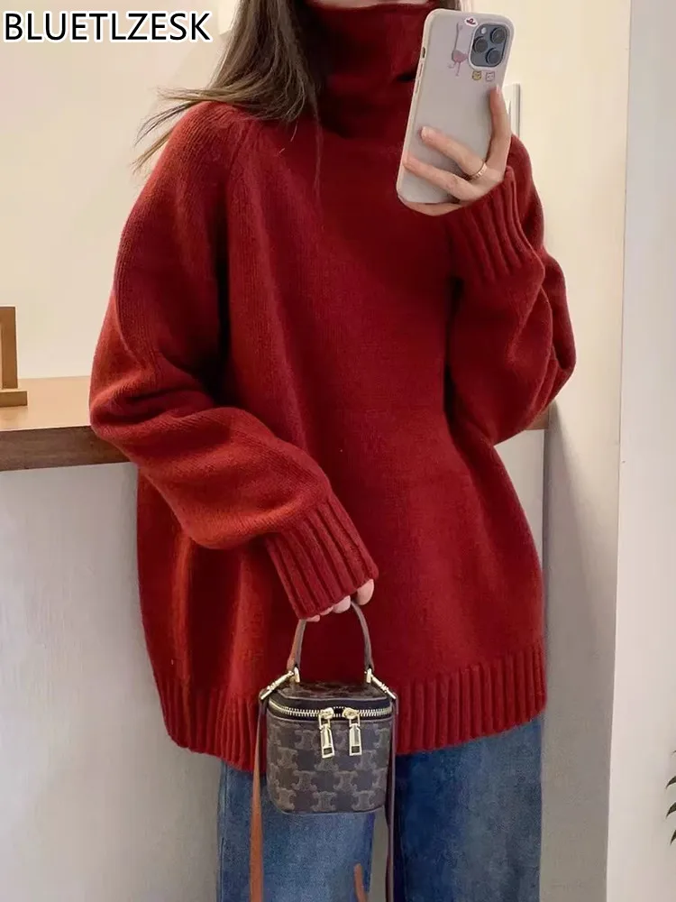 Turtleneck Cashmere Sweater Women 2024 Autumn/Winter New 100% Pure Wool Sweater Ladies Knit Loose Large Size Pullover Female Top