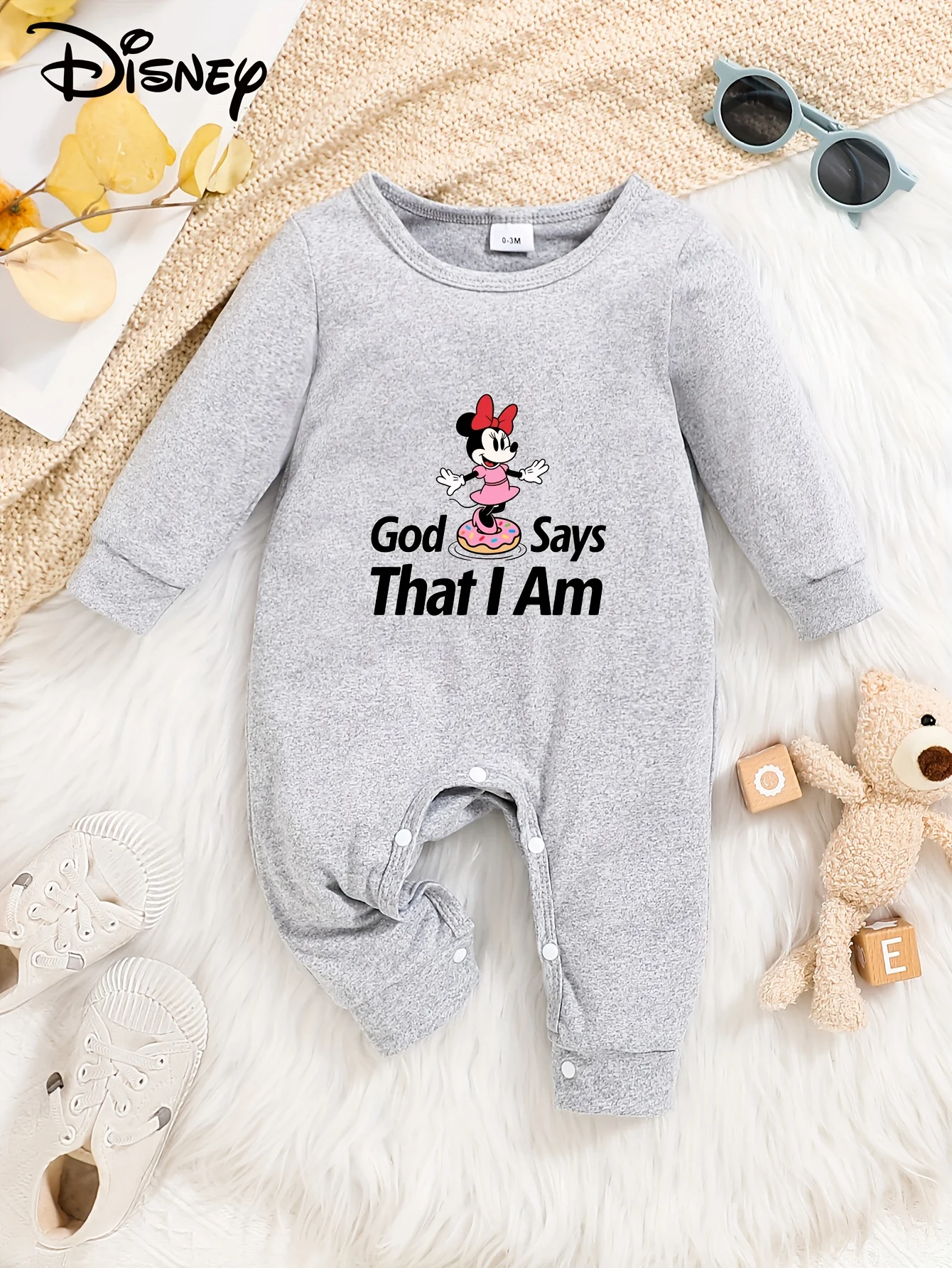 

【Осанторизованный】Детский комбинезон с длинными рукавами Disney Minnie Mouse, милый узор с принтом, круглый вырез, мягкий и удобный, можно стирать в машине, подходит для всех сезонов, подходит для улицы