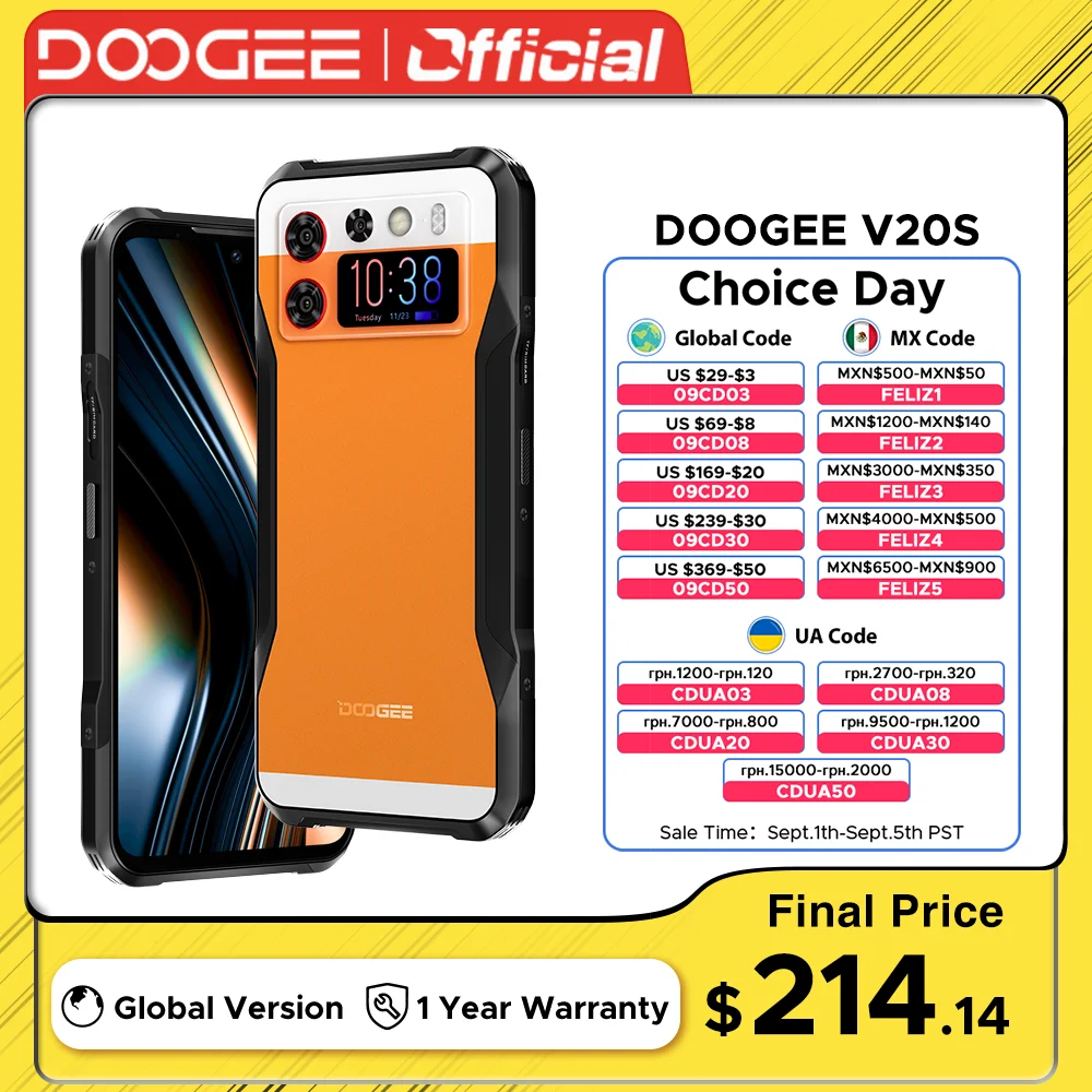 DOOGEE V20S 견고한 휴대폰, 1.58 인치 AMOLED 후면 디스플레이, 치수 6020 5G 옥타 코어, 12GB + 256GB 가죽 질감, 킥 스탠드 휴대폰 포함 