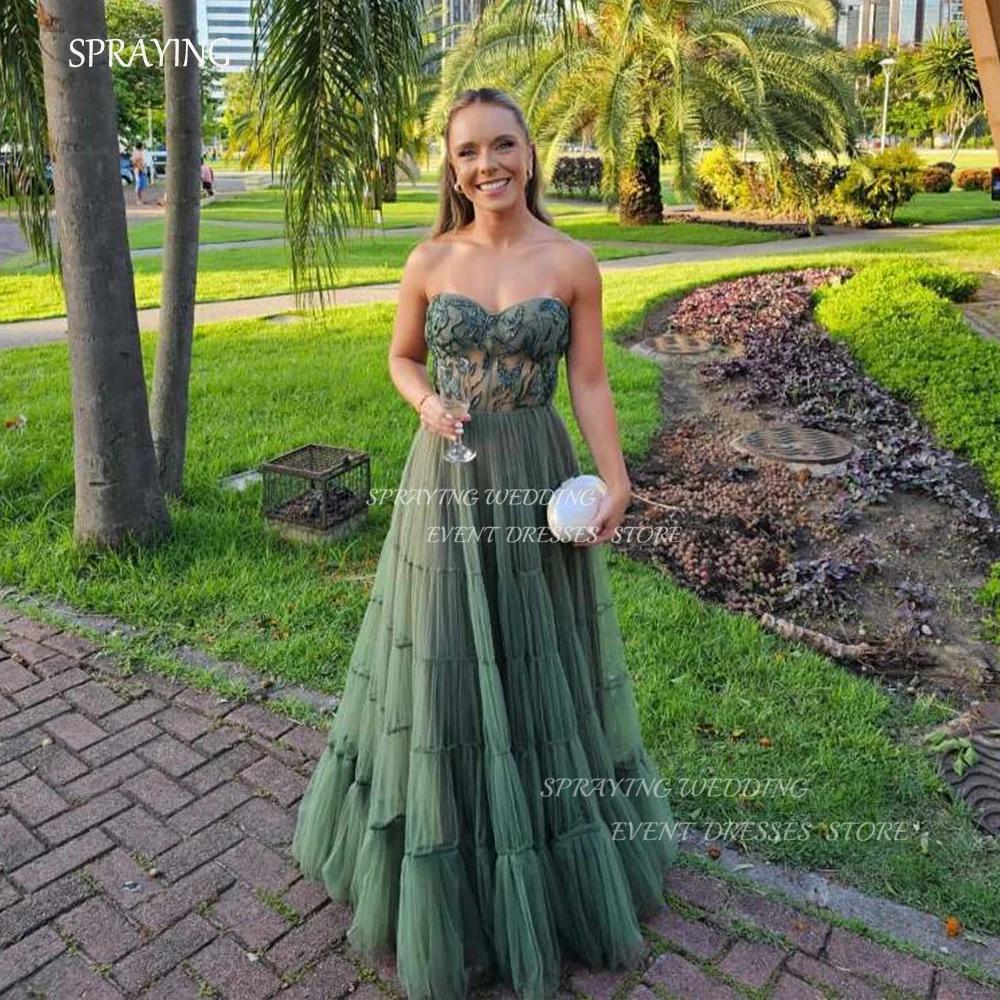 SPRAYING Green Evening Dresses Custom Made A-line Sweetheart Collar Strapless Prom Party Gown Tulle Lace vestidos de noche