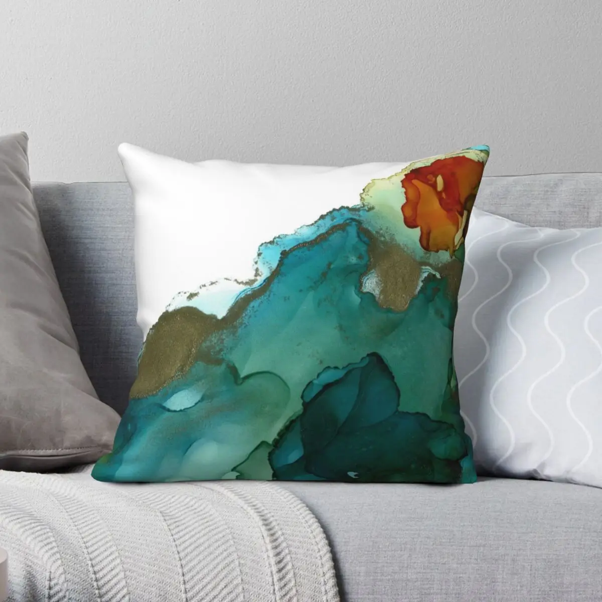 Alcohol Ink Blue Green Square Pillowcase Polyester Linen Velvet Pattern Zip Decor Pillow Case Sofa Seater Cushion Case 18