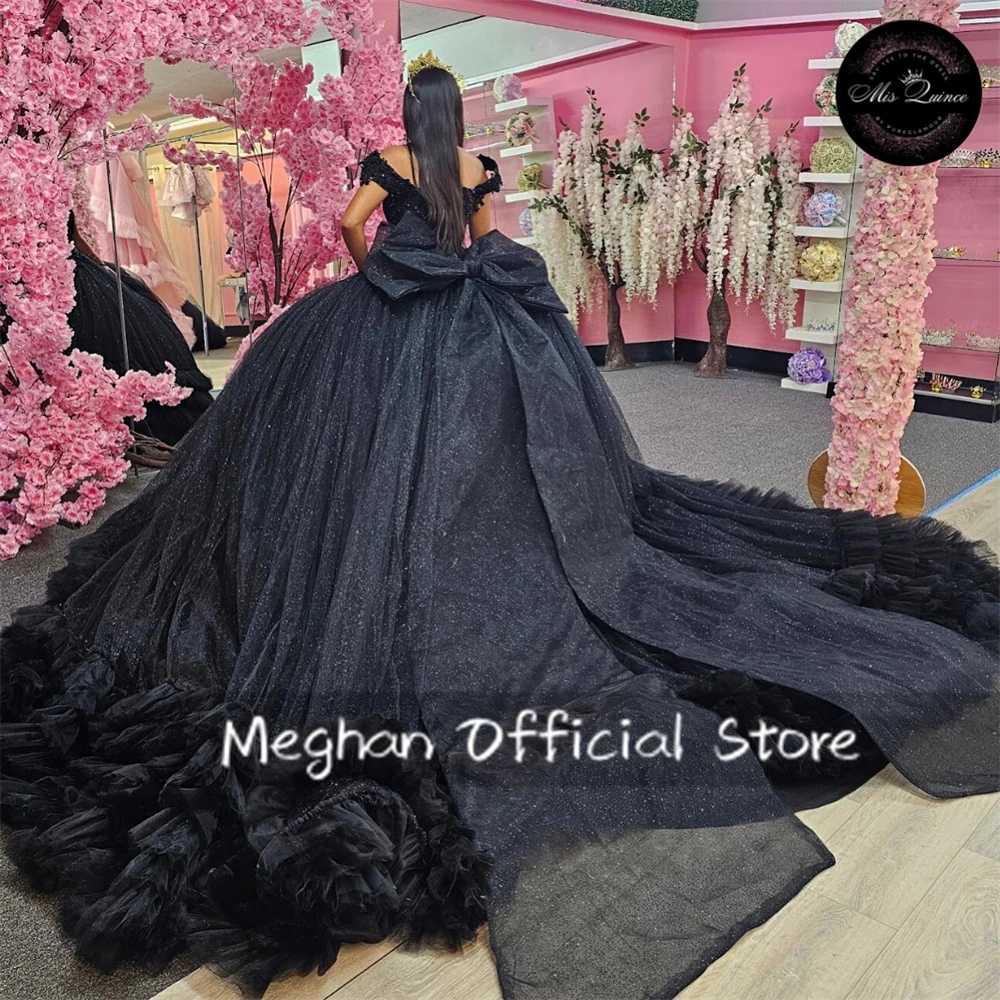 Mexico Black Bow Quinceanera Dresses Ball Gown Off The Shoulder Ruffle Special Occasion Dress Princess Gowns Sweet 15 Customized