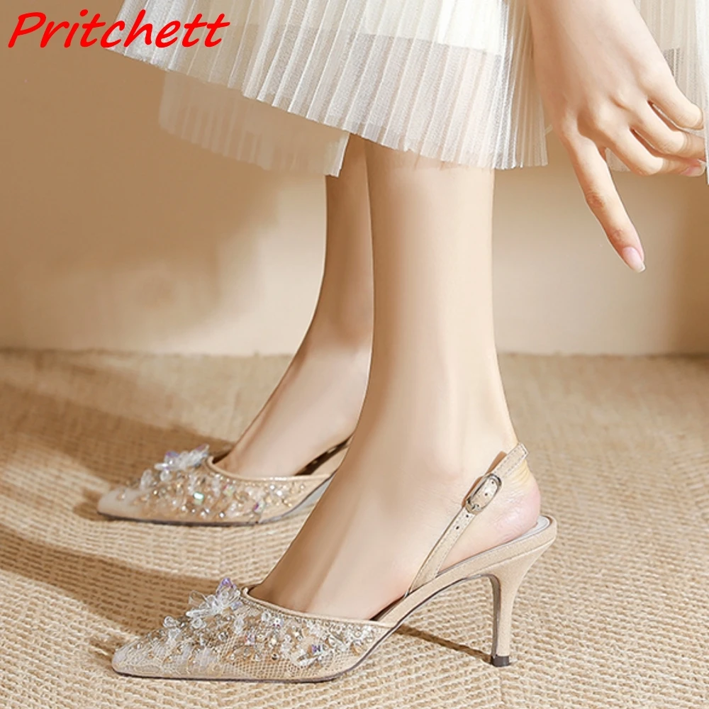 

Crystal Bling Air Mesh Pumps Women Colorful Hollow Pointed Toe Ankle Buckle Stiletto Heels Spring Autumn Casual Fashion Pumps