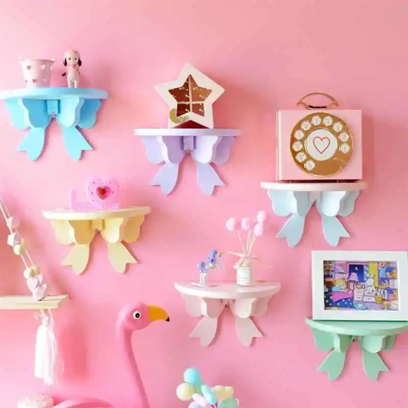 Japanese Kawaii Pink Bow Shelves Wall-mounted Cosmetic Wooden Storage Rack Girly Heart Room Decoration Shelf Stationery Holder