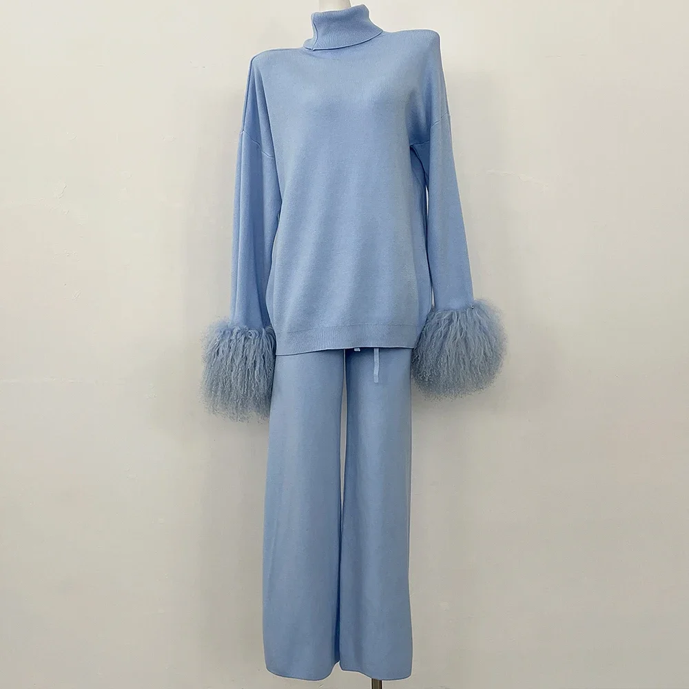 

Трикотаж для женщин, вязаный пуловер из шерсти и брюки, свитер с манжетами из натурального монгольского овечьего меха, комплект из натурального меха, вязаный костюм, новинка 2025 года