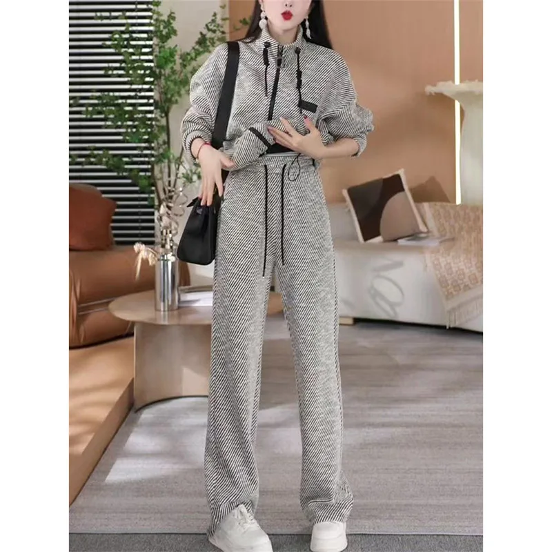 New Ladies Zipper Stripe Two Piece Casual Suit Set Women Loose Tracksuit Sets Outfit Spring Autumn Female Sportswear Sport Suit