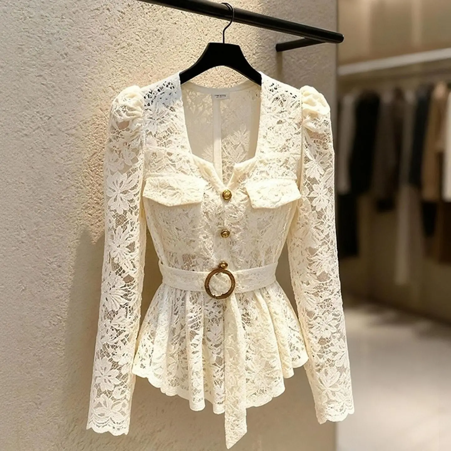 French hollow hook-up lace shirt women's spring socialite bubble long-sleeved bottoming shirt Spice girl slim top with belt