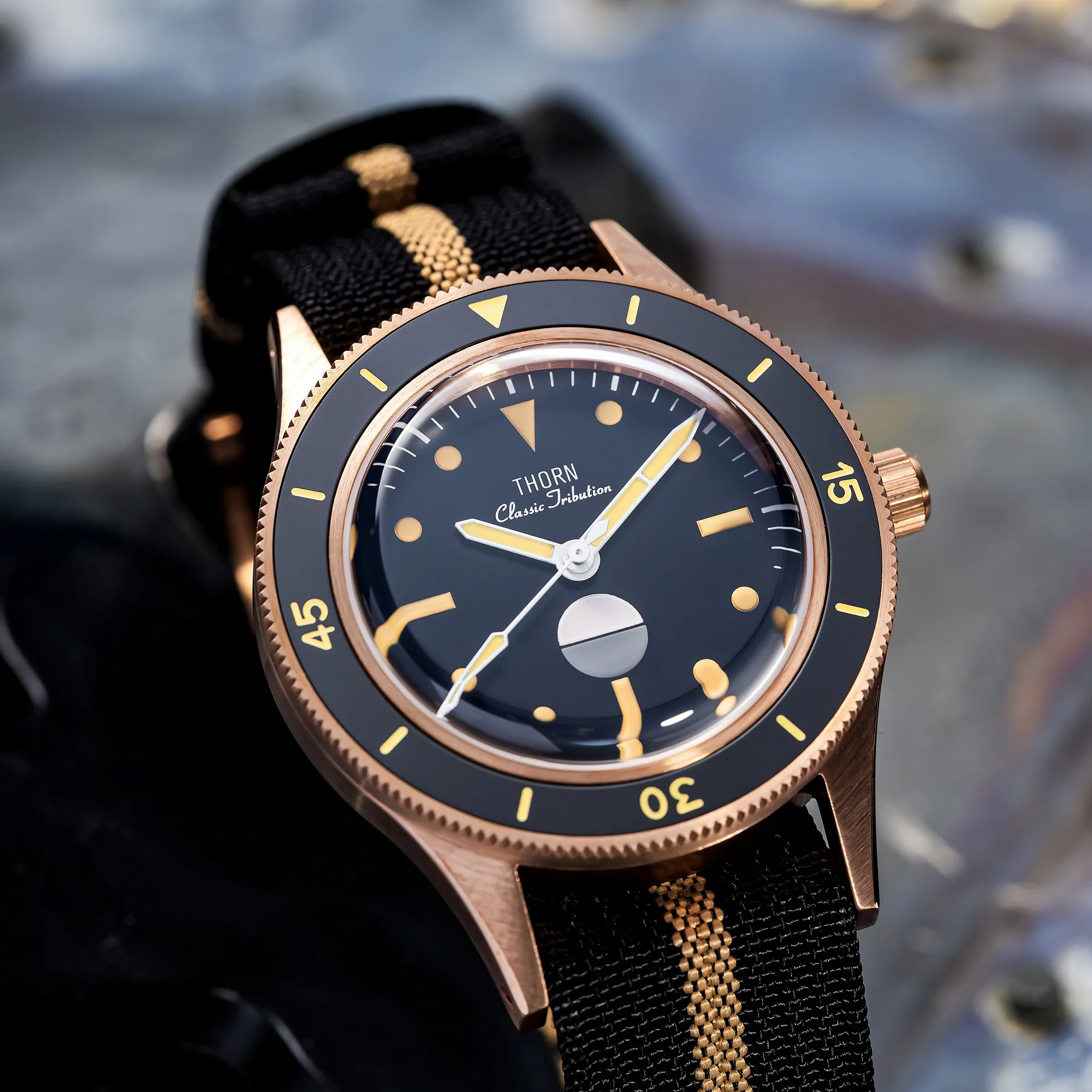 Thorn-Men's Bronze Diver Vintage Watch, mostrador preto, moldura cerâmica, Custom 8 Bronze Case, Movimento Sapphire NH35, 20Bar impermeável, 40mm