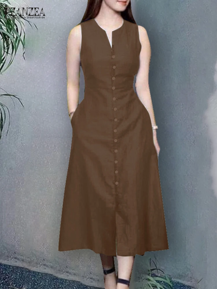 ZANZEA V-hals Dagelijkse kleding Midi-jurk Mouwloos Vintage 2025, zomervakantie A-lijn gewaden Effen kleur Casual dames tank vestidos