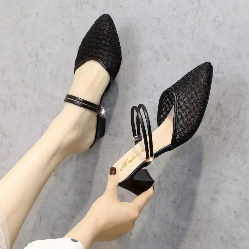 2023 Summer Sexy Pointed Toe Sandals Thin Strap Mulles White Yellow Women Shoes Elegant Women Fashion Square Heels Slippers