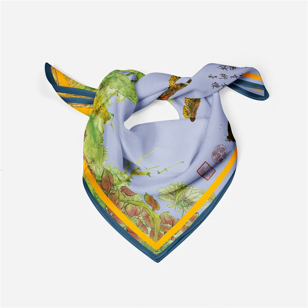 Twill Silk Scarf Woman Chinese Painting Square Scarves Wraps Bandana Small Hijab Silk Foulards Tie Headband Neckerchief 53CM