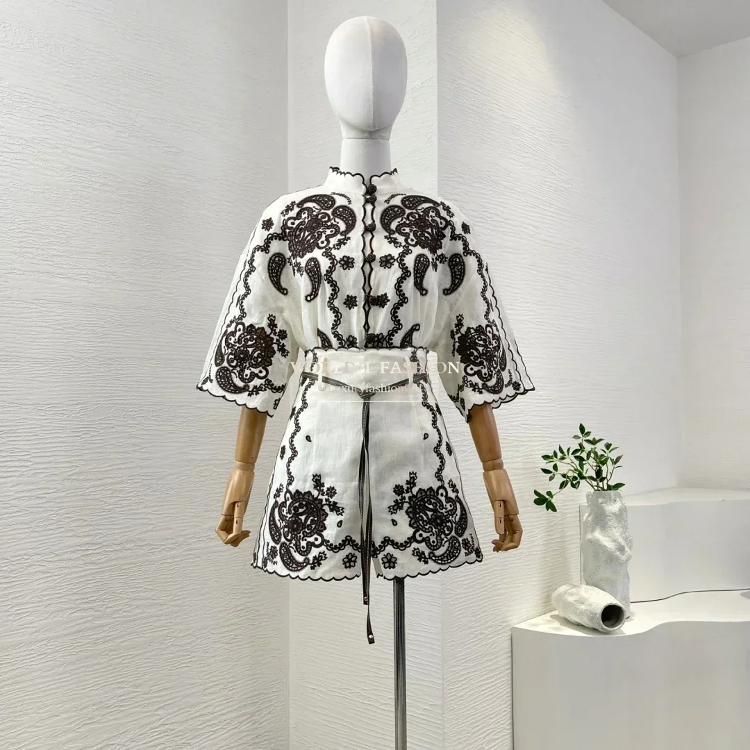 

Высококачественная блузка кремового цвета с вышивкой и рукавами Пейсли 3/4, комплект из топа и шорт