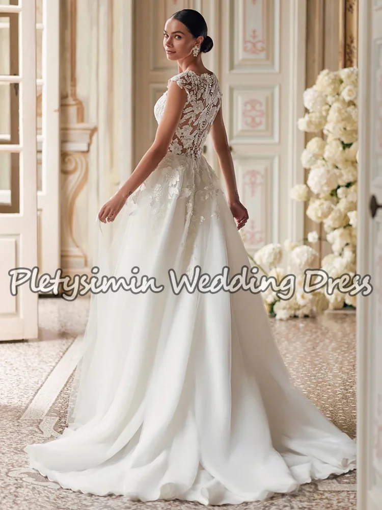 플레티시민 튤 A라인 민소매 웨딩드레스 우아한 시스루 스쿱 보헤미안 신부 드레스 여성용 맞춤 제작 웨딩드레스