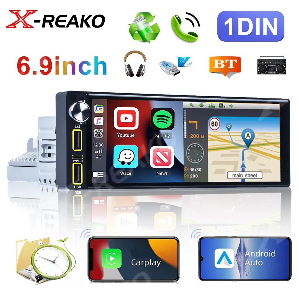 

X-REAKO 1 Din Carplay Auto Universal 6.9 inch Radio RDS Android Touch Screen WiFi Car Stereo Video GPS Navigation Bluetooth FM