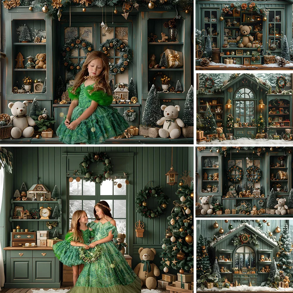 

Green Christmas Photography Background for Girls Party Gold Flowers Window Backdrop Toy Bear Gift Xmas Tree Indoor Photobooth