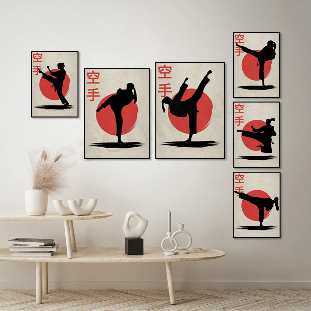 Karate poster, front kick, spin kick, side kick, uppercut, flying kick pose print samurai art canvas nordic poster decoration