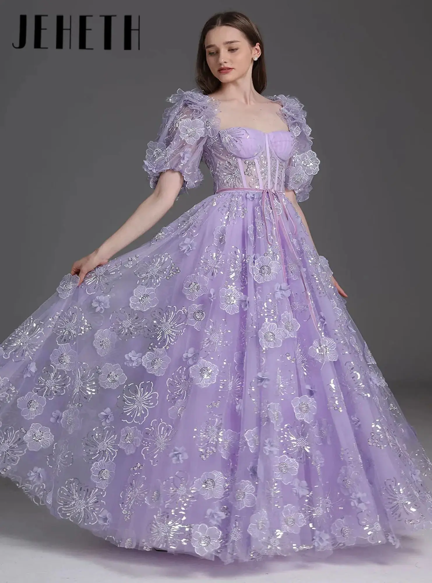 

Sweetheart Puff Sleeves 3D Floral Sequined Long Prom Dress Glitter Appliques Floor-Length Party Robe Special Occasion Customized