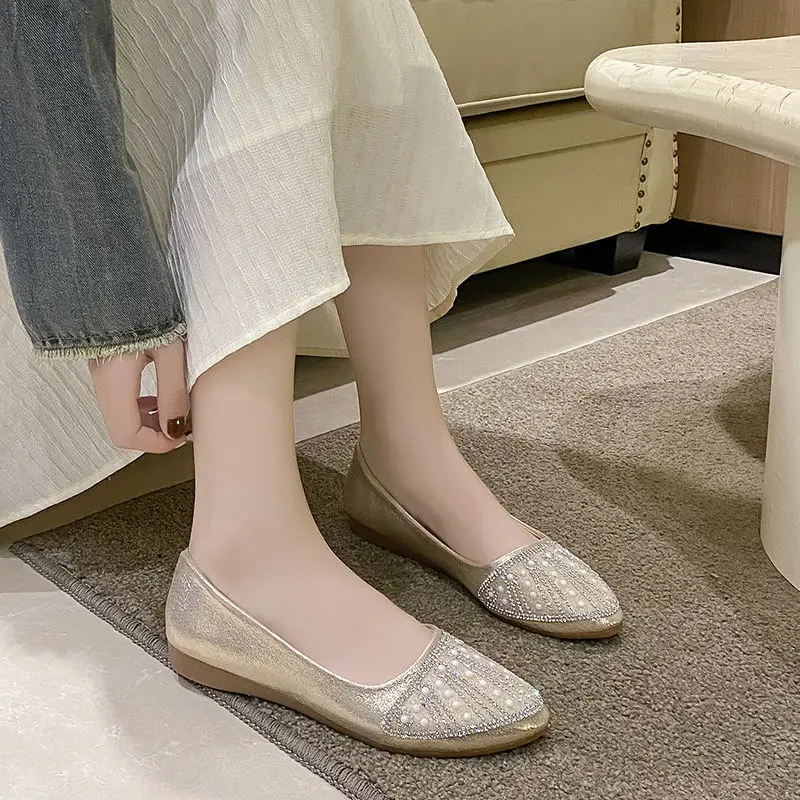Shoes for Women Pointed Toe Gold Pearl Slip-on Woman Flats Wholesale 2025 Summer Stylish Korean Style Shoe Promotion Low Price