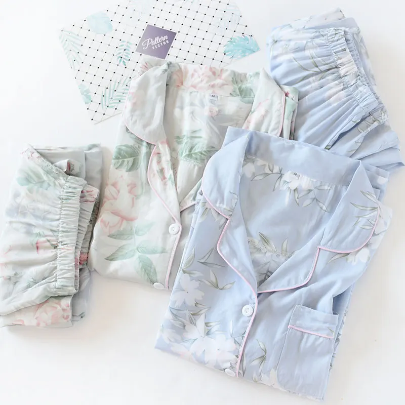 Pijamas de estilo japonés para mujer, pantalones de manga larga de seda y fibra de viscosa, traje con estampado de flores, servicio doméstico,