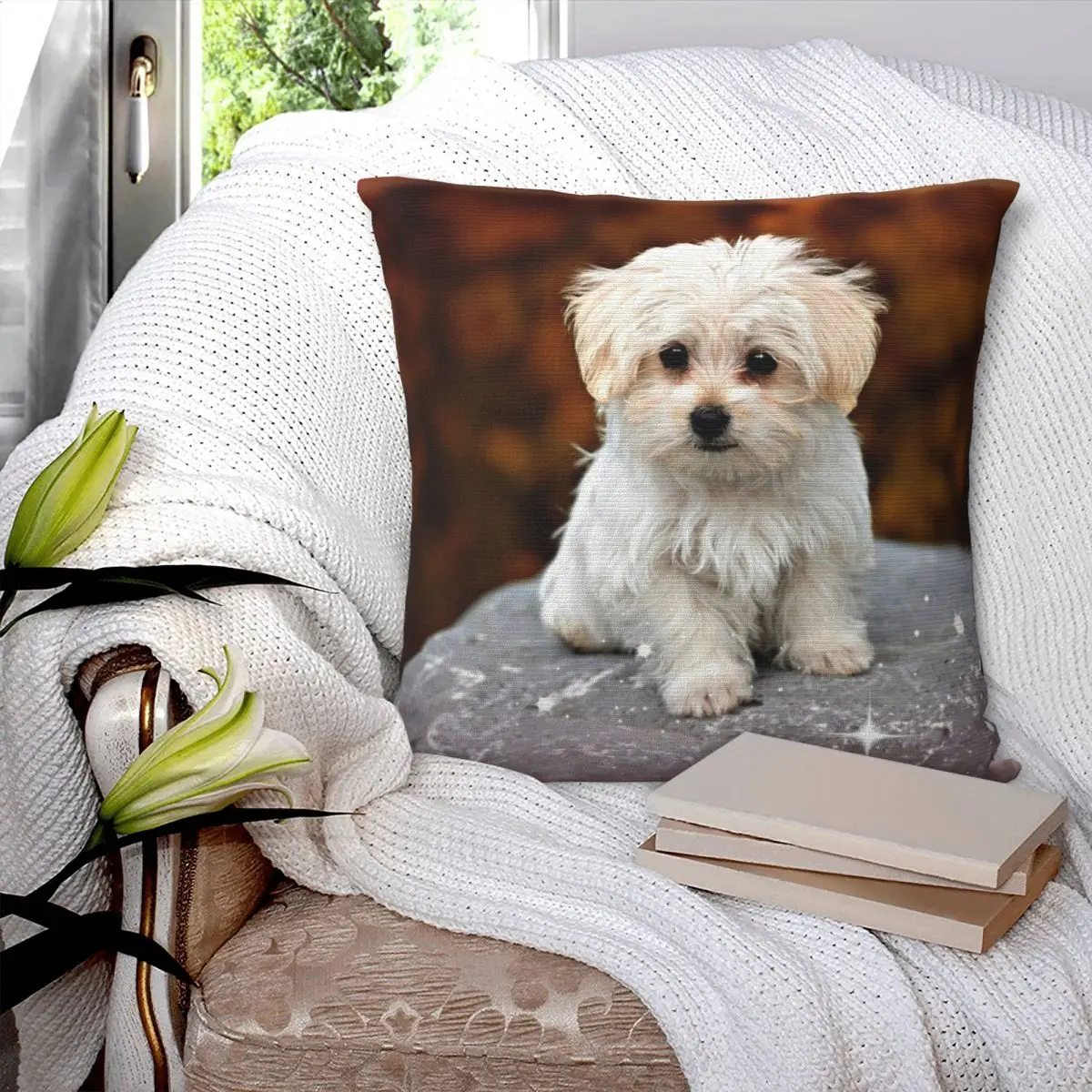 Maltese Puppy Adorable Square Pillowcase Polyester Linen Velvet Creative Zip Decor Throw Pillow Case Sofa Cushion Cover 45x45