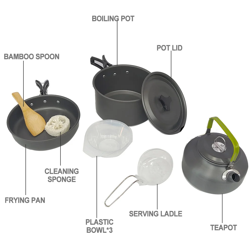 Outdoor Camping Cookware Set Lightweight Portable Pot Pan with Carrying Bag for 1-7 Persons