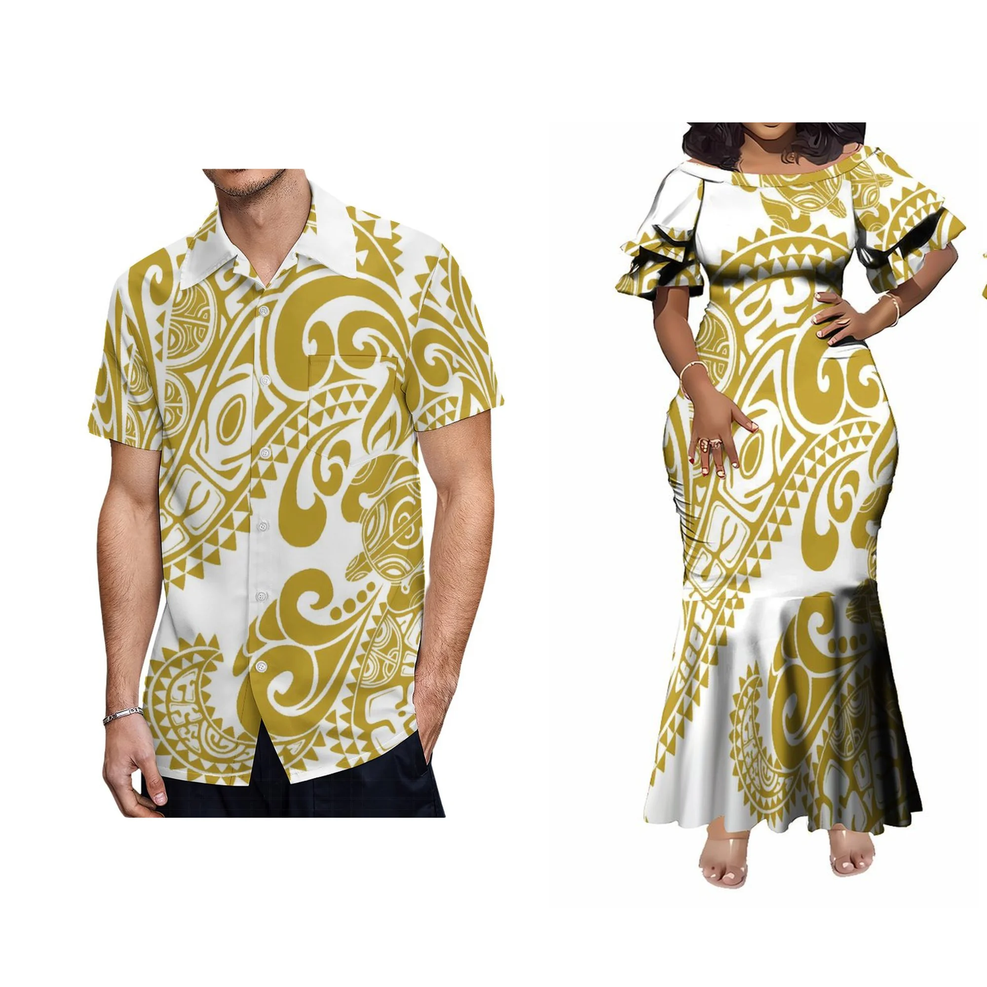 Nova fábrica atacado personalizado havaí impressão senhoras vestido tripulação pescoço dupla camada plissado manga sereia vestido