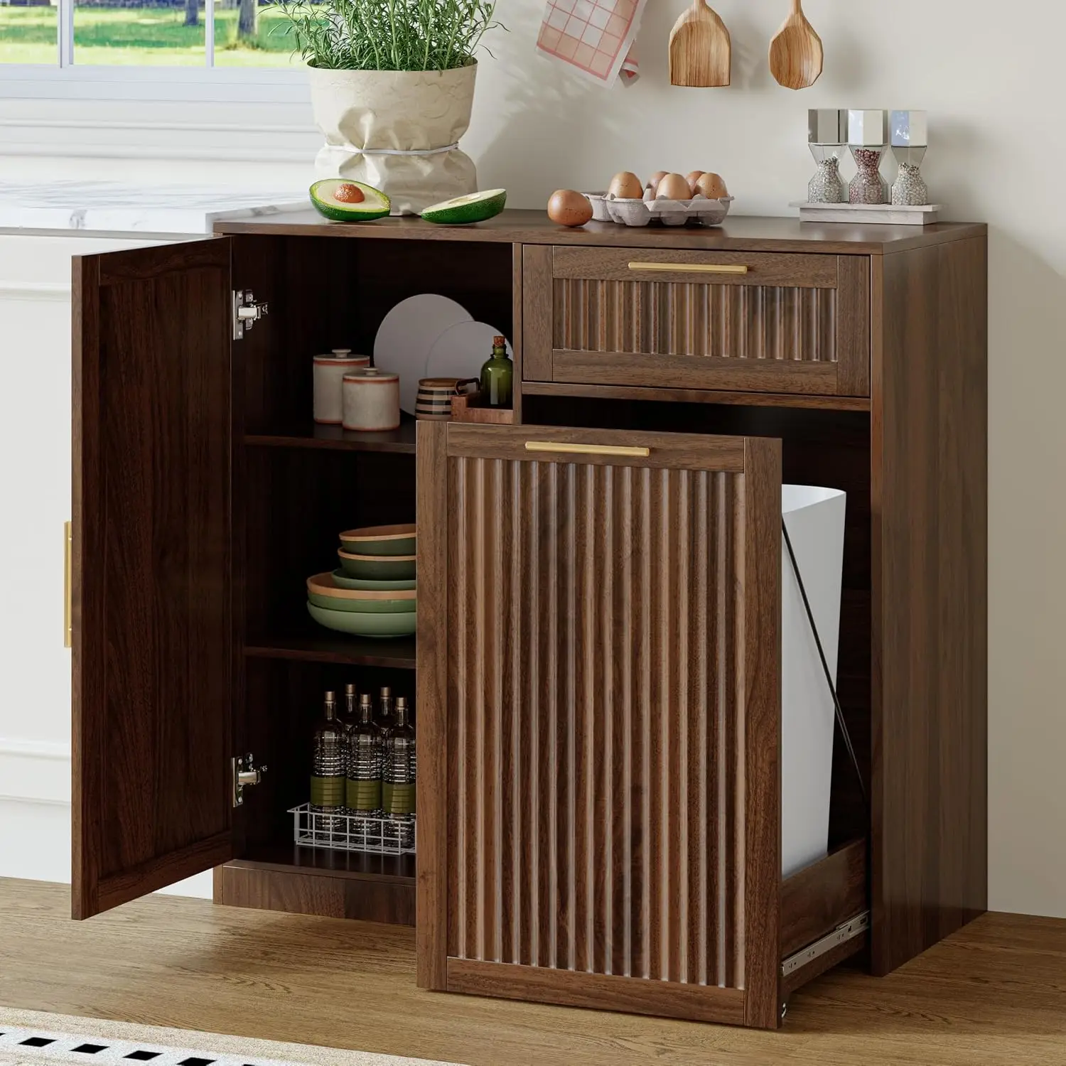 13 Gallon Pull Out Trash Can Cabinet with Storage Drawer, Walnut, Customized