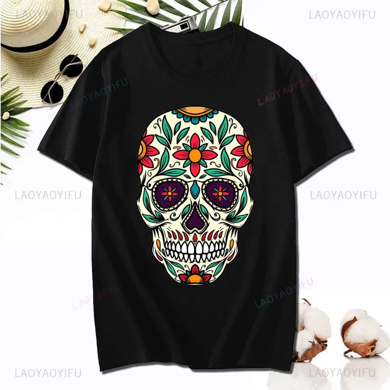 Day of The Dead Sugar Skull Anime Clothes Halloween Unique Printed Men T-Shirt Hipster Hip-hop Streetwear Unisex Cotton T Shirts