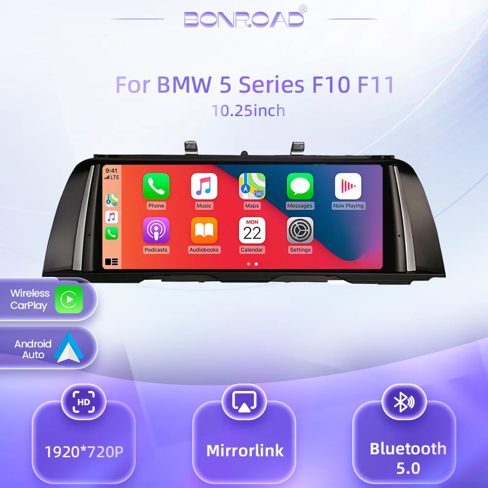 Bonroad 10.25'' 1920*720P Bezprzewodowy Carplay Android Auto Radio Samochodowe Linux z Ekranem Dotykowym Multimedialnym do BMW Serii 5 F10 F11 Nawigacja GPS Wyświetlacz Stereo
