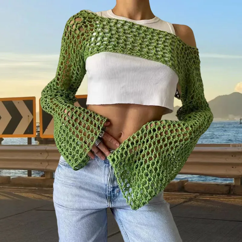New European and American Women\'s Sexy Hollowed out Knitted Sweater with Round Neck and Long Sleeves
