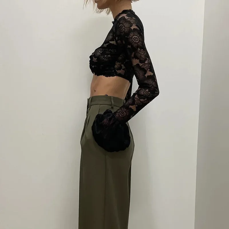 See Throught Lace Short T shirt Hot Girl Sexy Slim Long Sleeve Tanks Fashion Club Party Casual T shirt Flare Sleeve Y2K