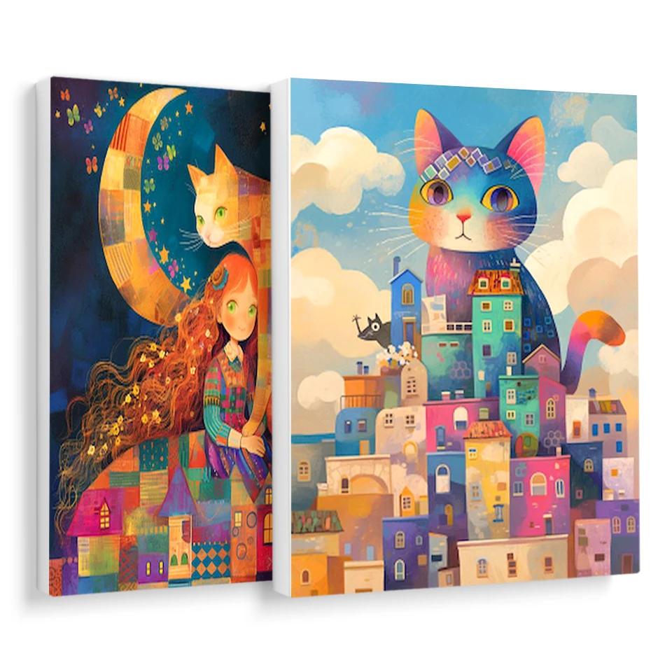 لوحة زيتية ذاتية الصنع بواسطة الأرقام ، فتاة قطة ، مجردة ، صور بالأرقام ، علامات الألوان ، للأعمال اليدوية ، دهانات الأكريليك ، الألوان المائية